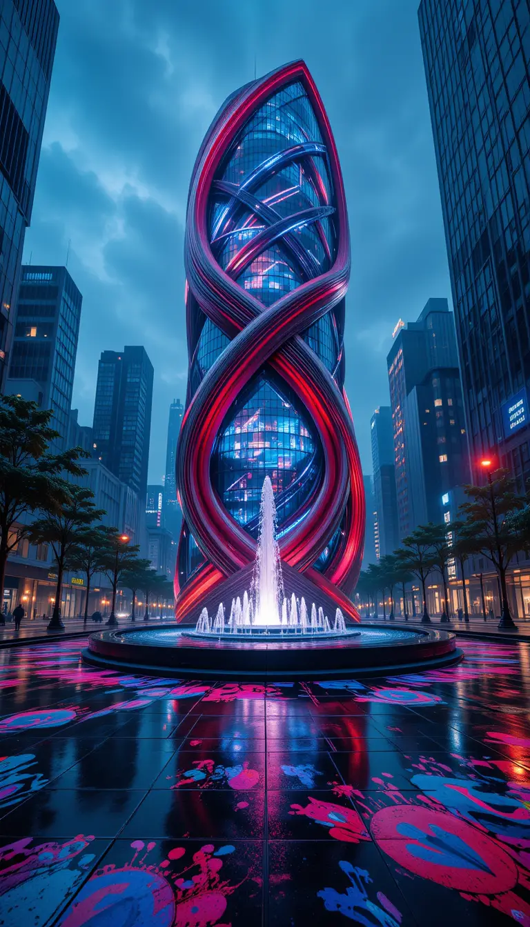 Immeuble de bureaux futuriste le long d’un trottoir en ville la nuit