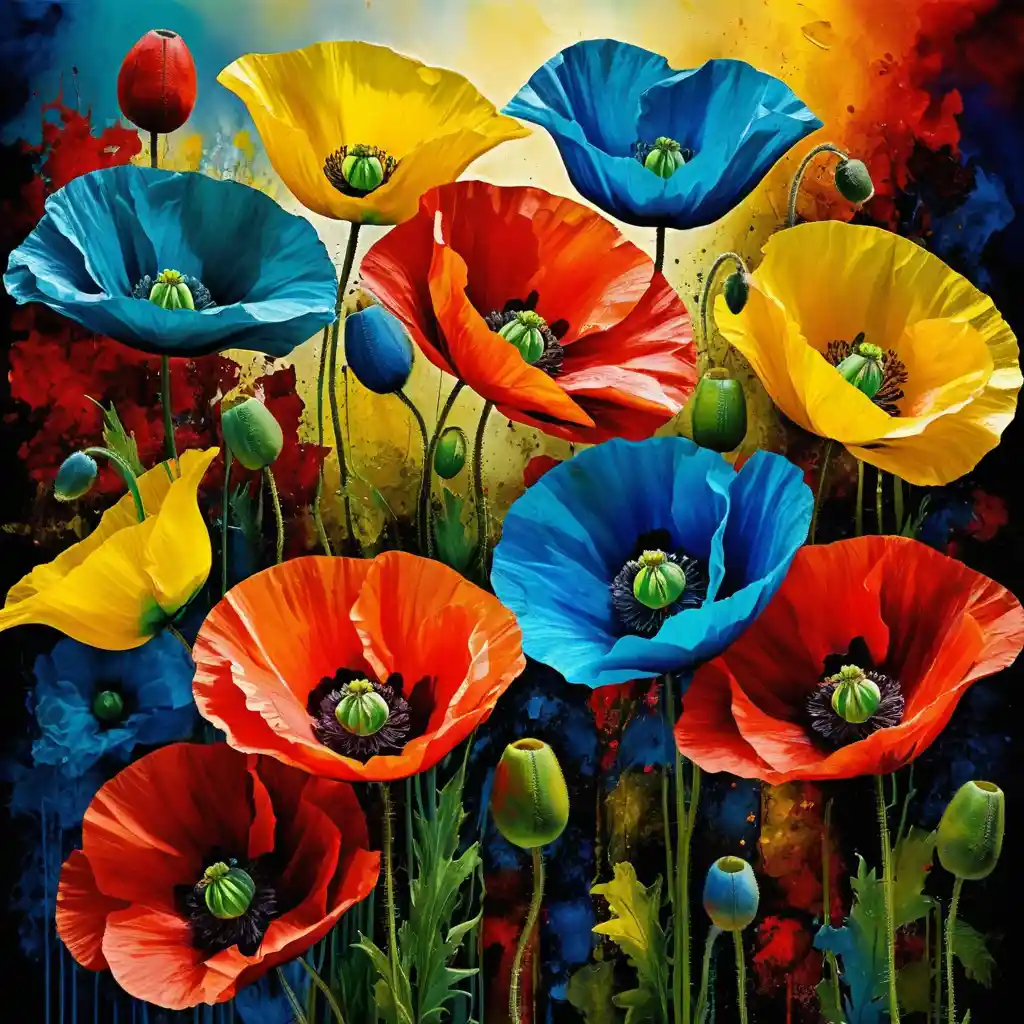 Abstract poppy flower painting in bold primary colors