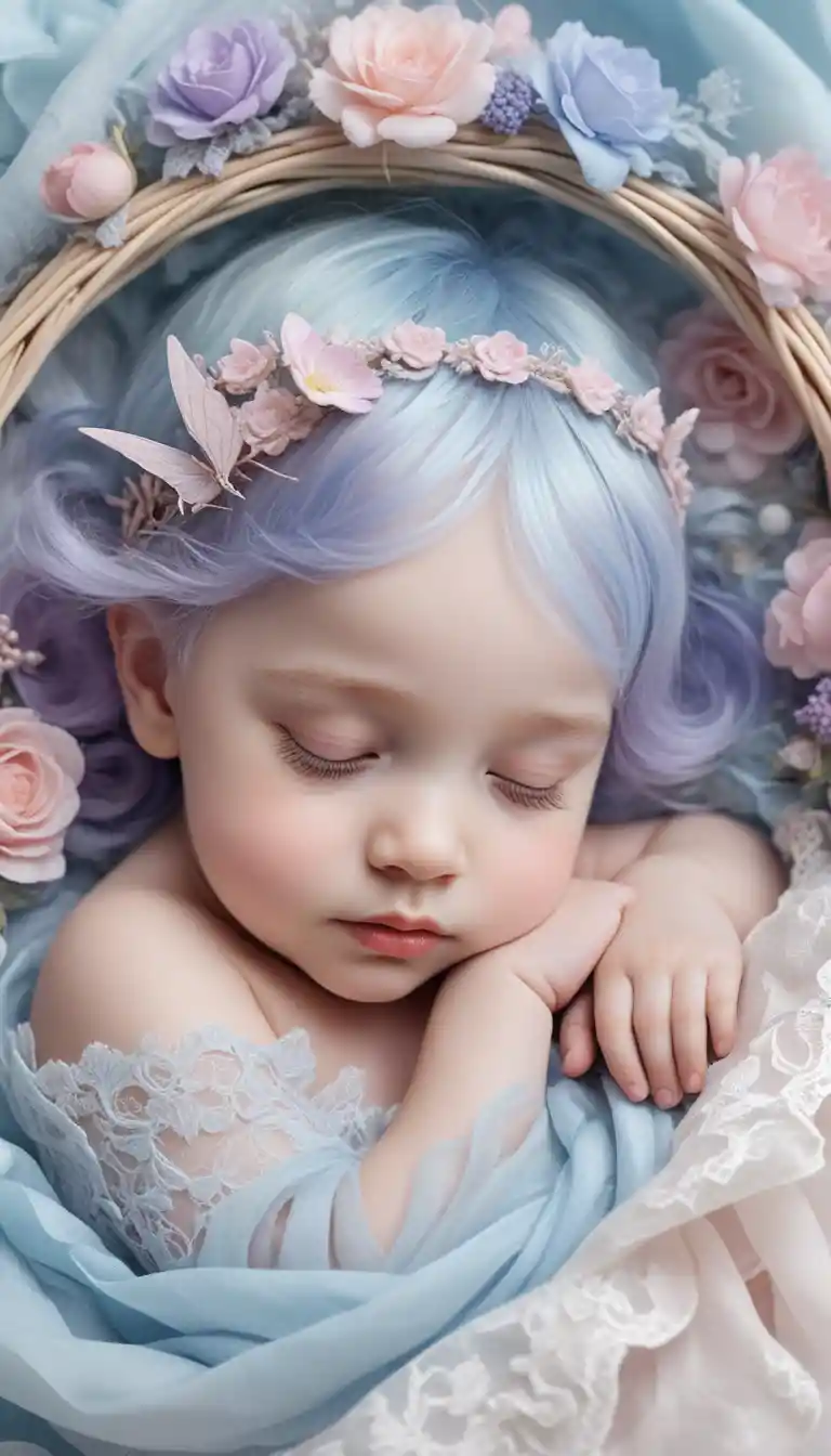 Sleeping baby fairy girl in a pastel royal basket