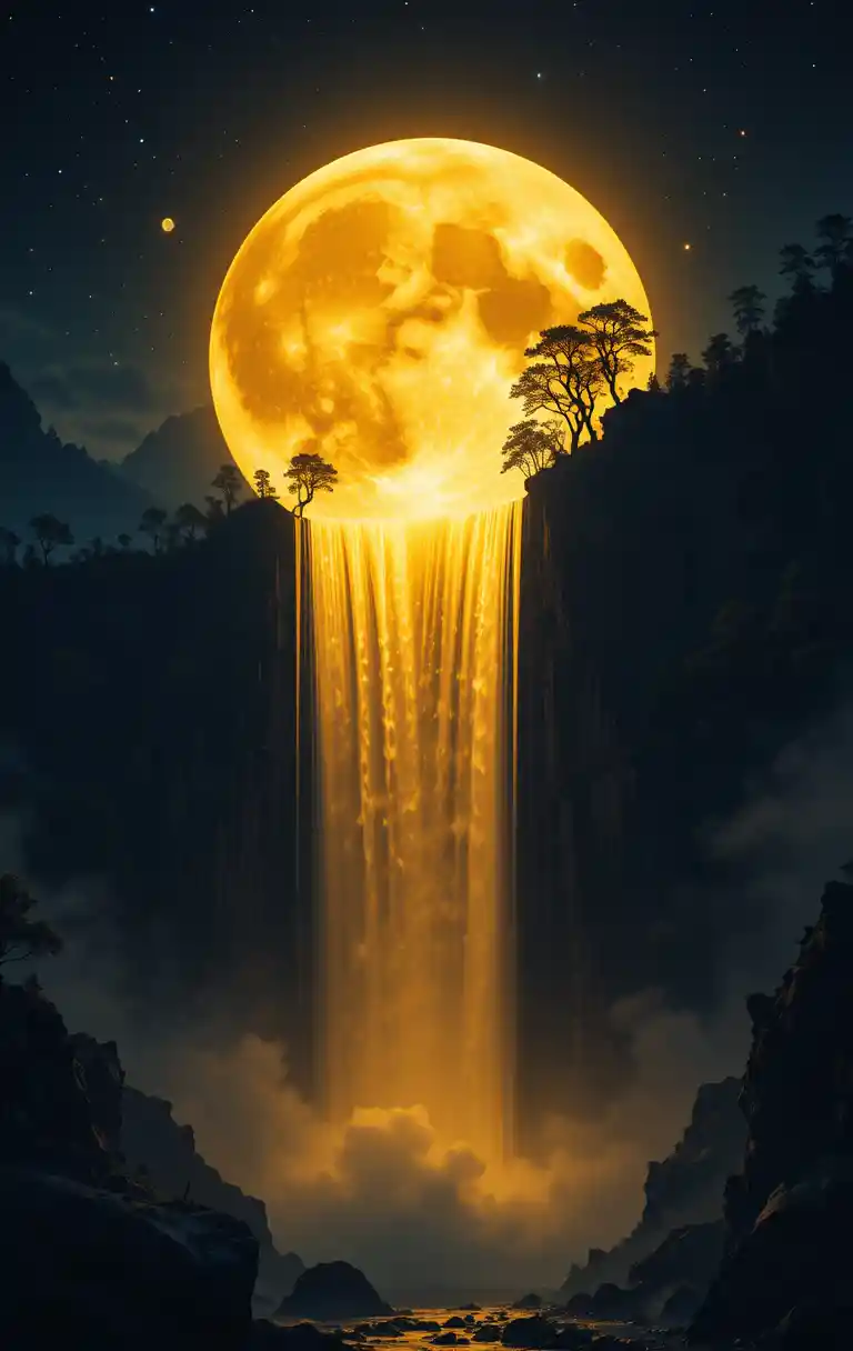 Surrealer mondbeschienener Wasserfall, der aus einem goldenen Vollmond fließt
