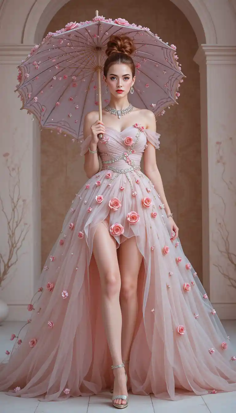 Elegant woman in pastel gown with rose umbrella