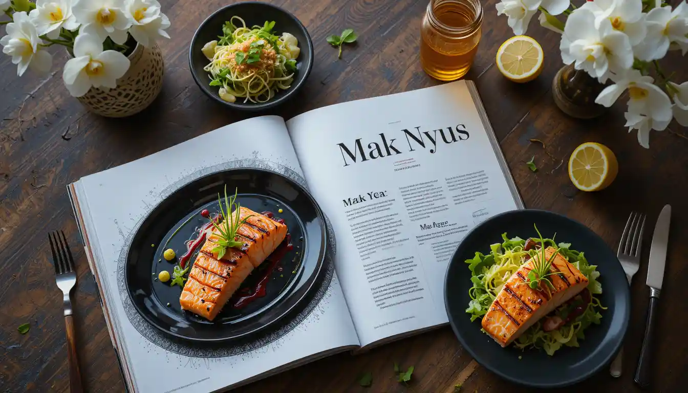 Rustic kitchen table with plated salmon and open cooking magazine