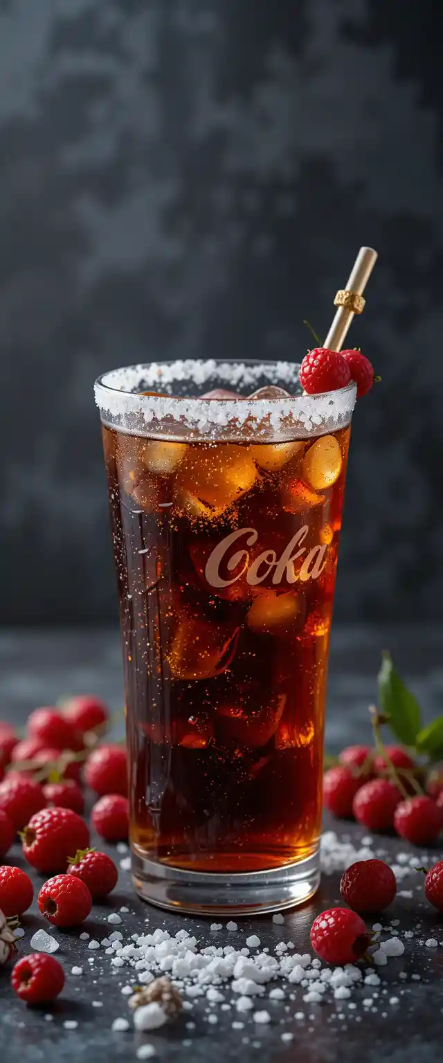 Glass of cola cocktail with sugar rim and berries