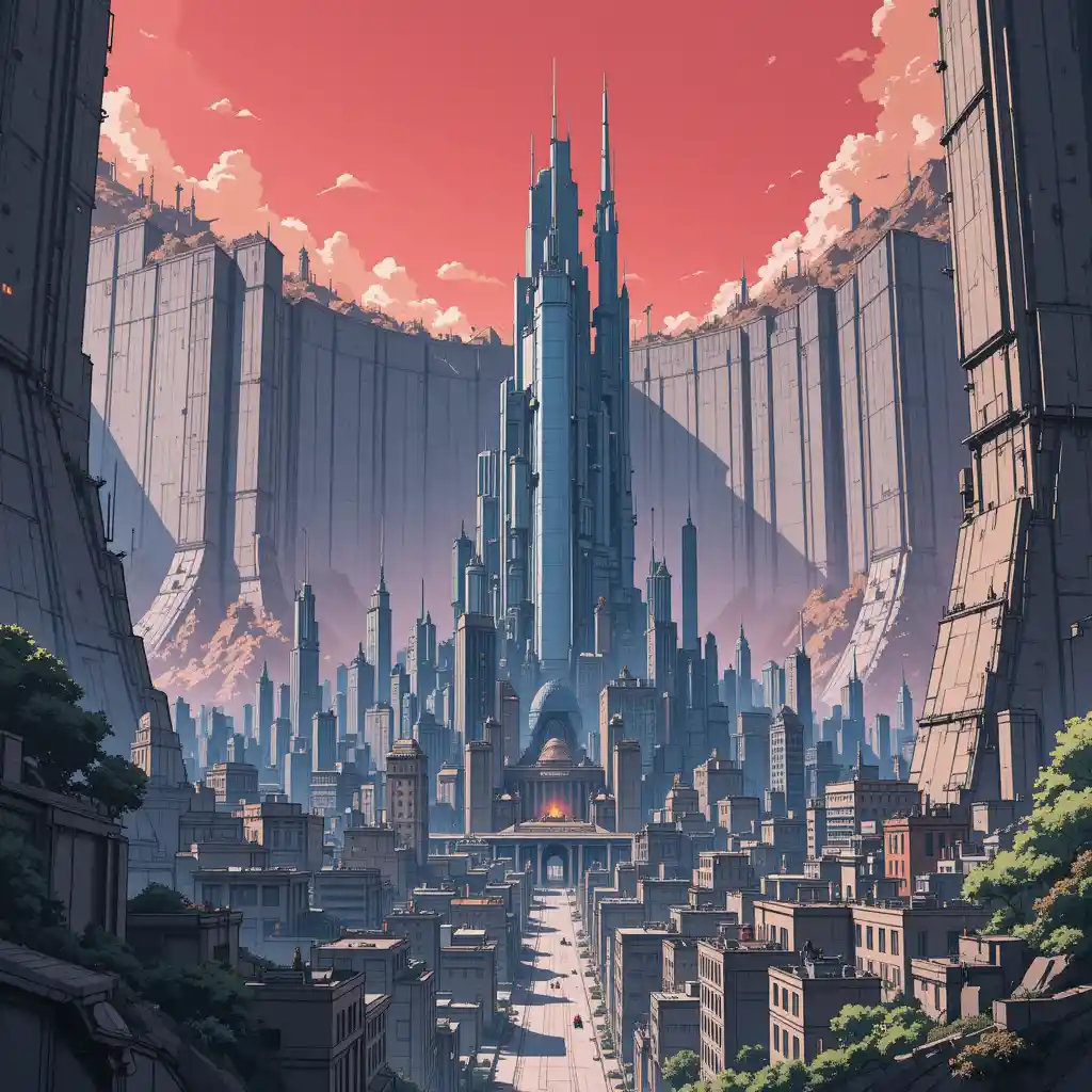 Anime futuristic walled city under an empty red sky