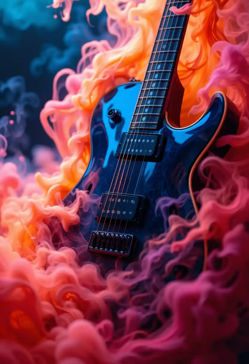 Electric guitar close up with swirling vibrant colors
