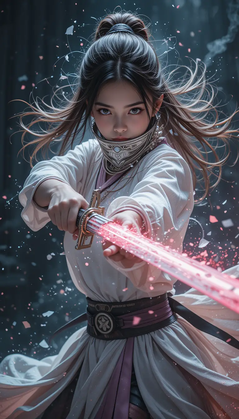 Young swordswoman lunging forward in swirling tornado