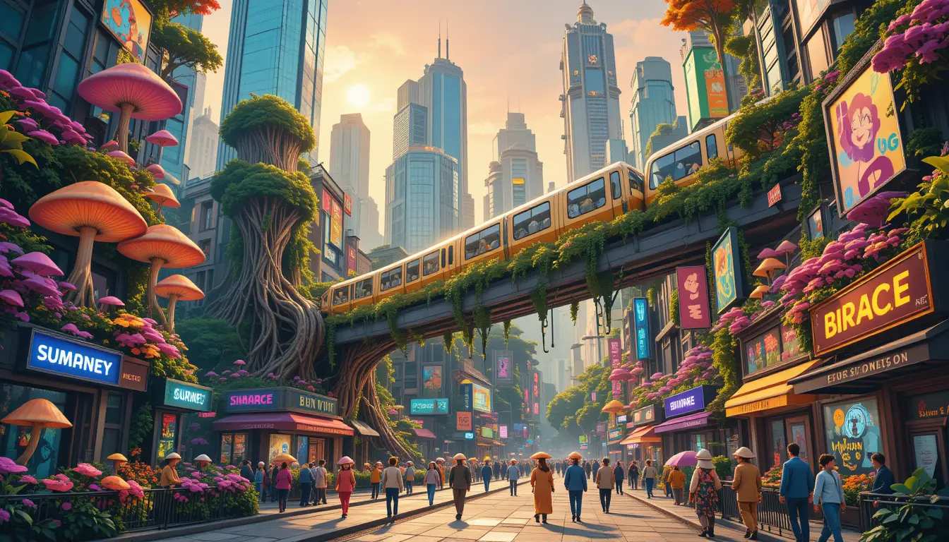 Whimsical fantasy city where nature embraces skyscrapers