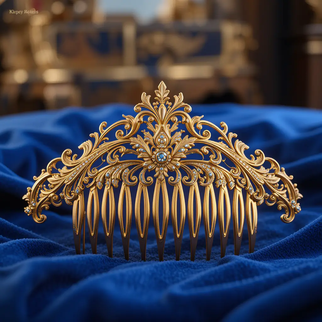 Luxurious Golden Comb On Royal Blue Velvet Cloth