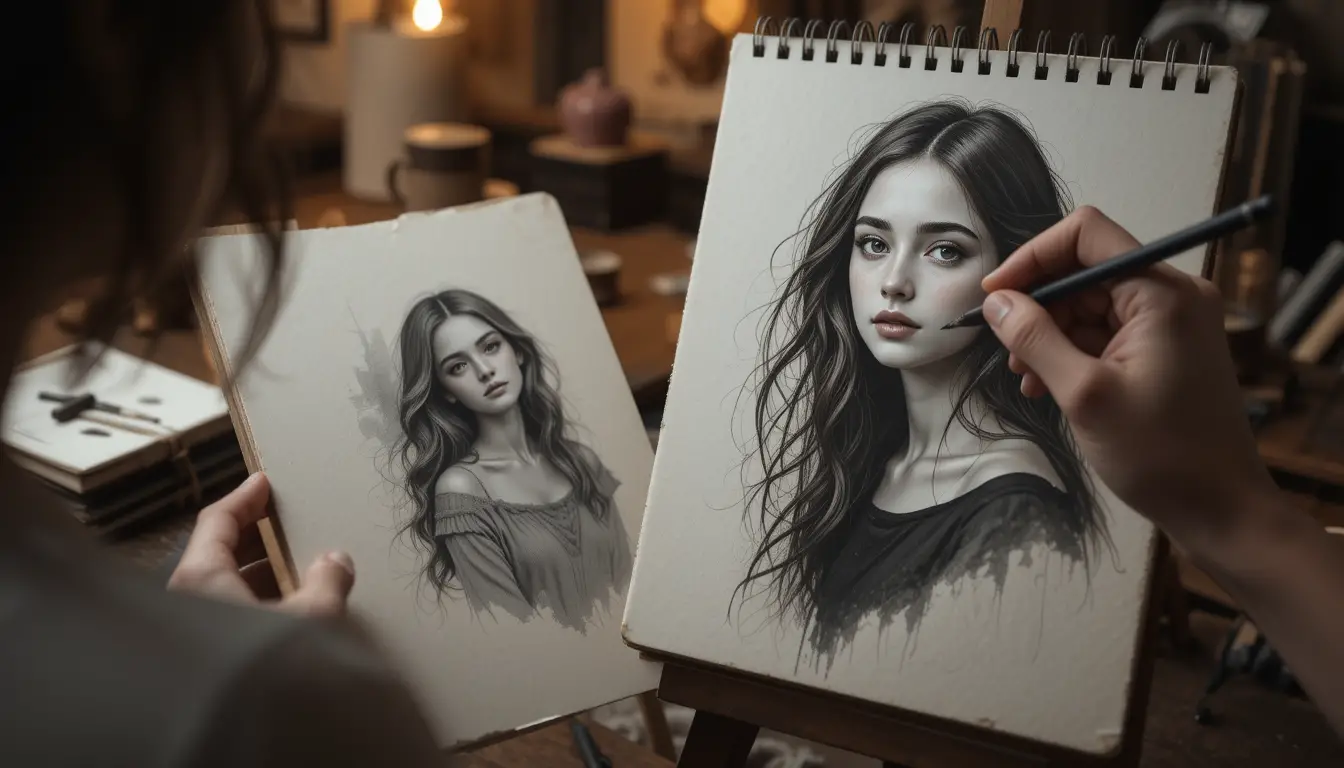Calm young girl posing for an elegant charcoal portrait