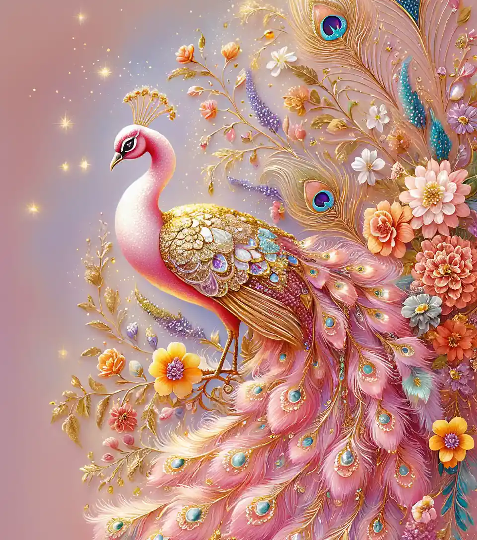 Pink peacock in a dreamy floral fantasy landscape