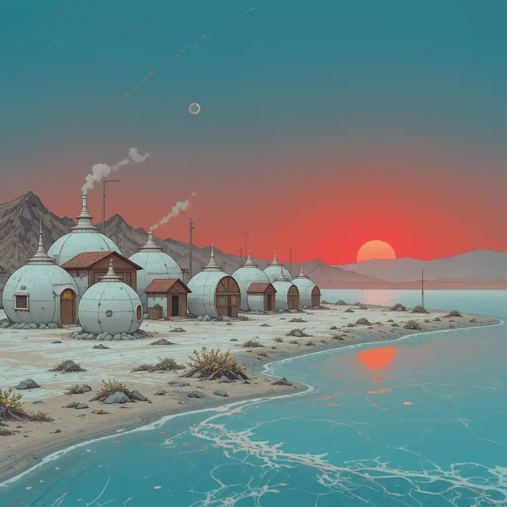Anime buildings on a desolate salt flat by red water