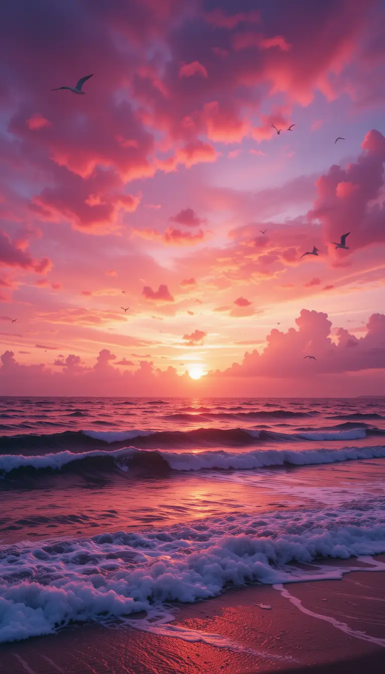 Colorful sunset over the ocean with gentle rolling waves