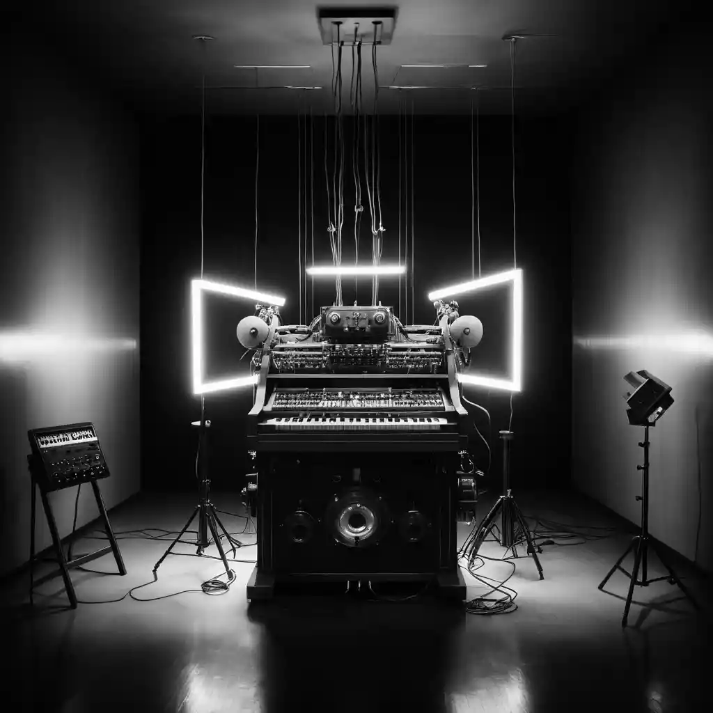 Surreal black and white machine in impossible room
