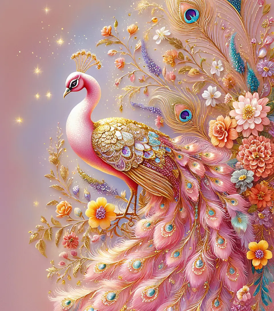 Pink peacock in a dreamy floral fantasy landscape