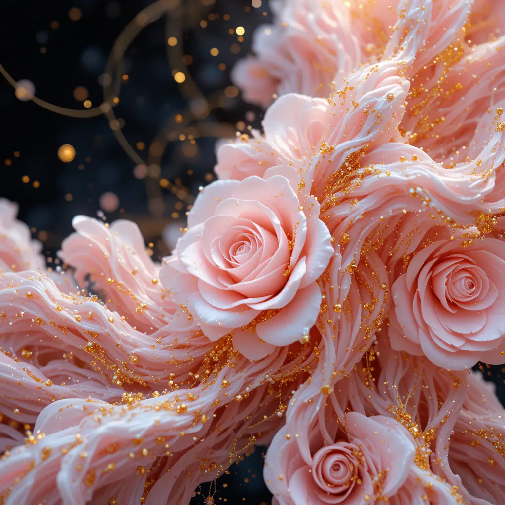 Glowing pink roses with gold particles and rich texture