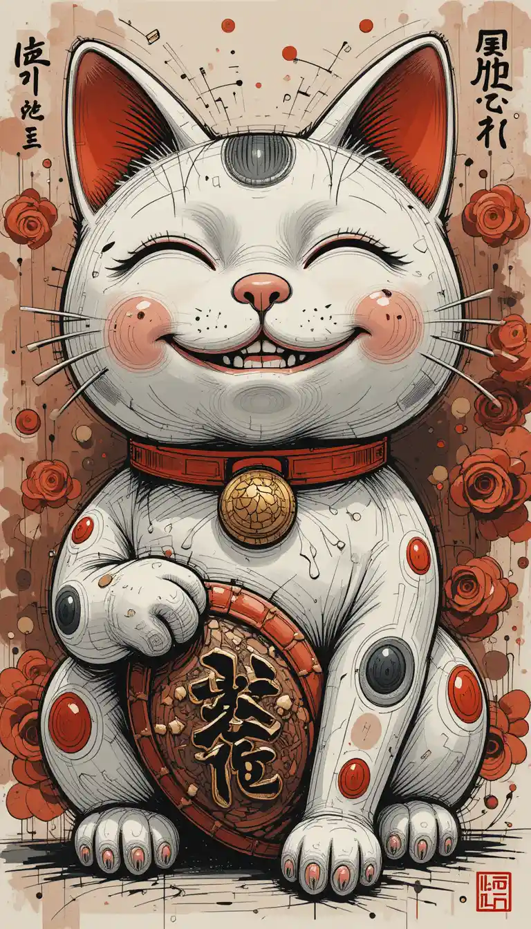 Surreal maneki neko cat illustration in abstract ink style