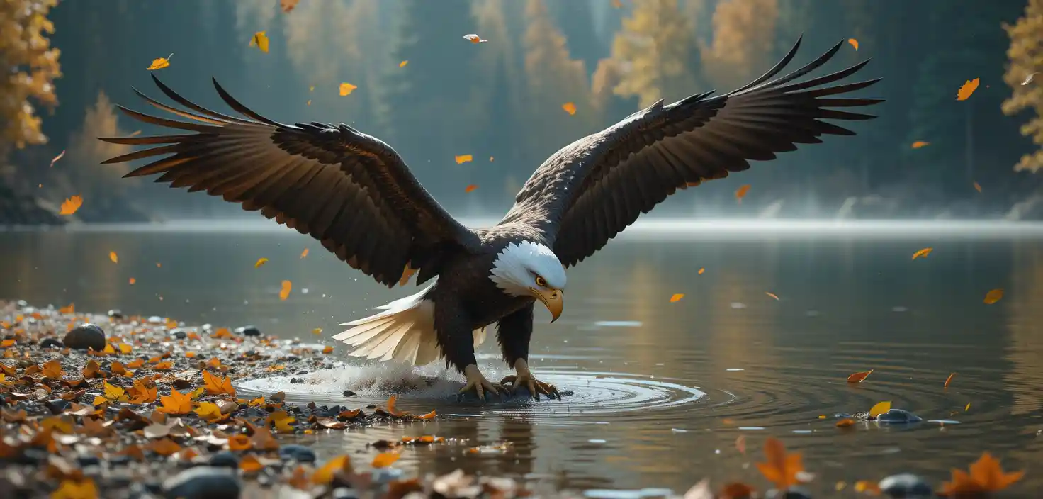 Eagle Drinking By A Calm Autumn Forest Lake
