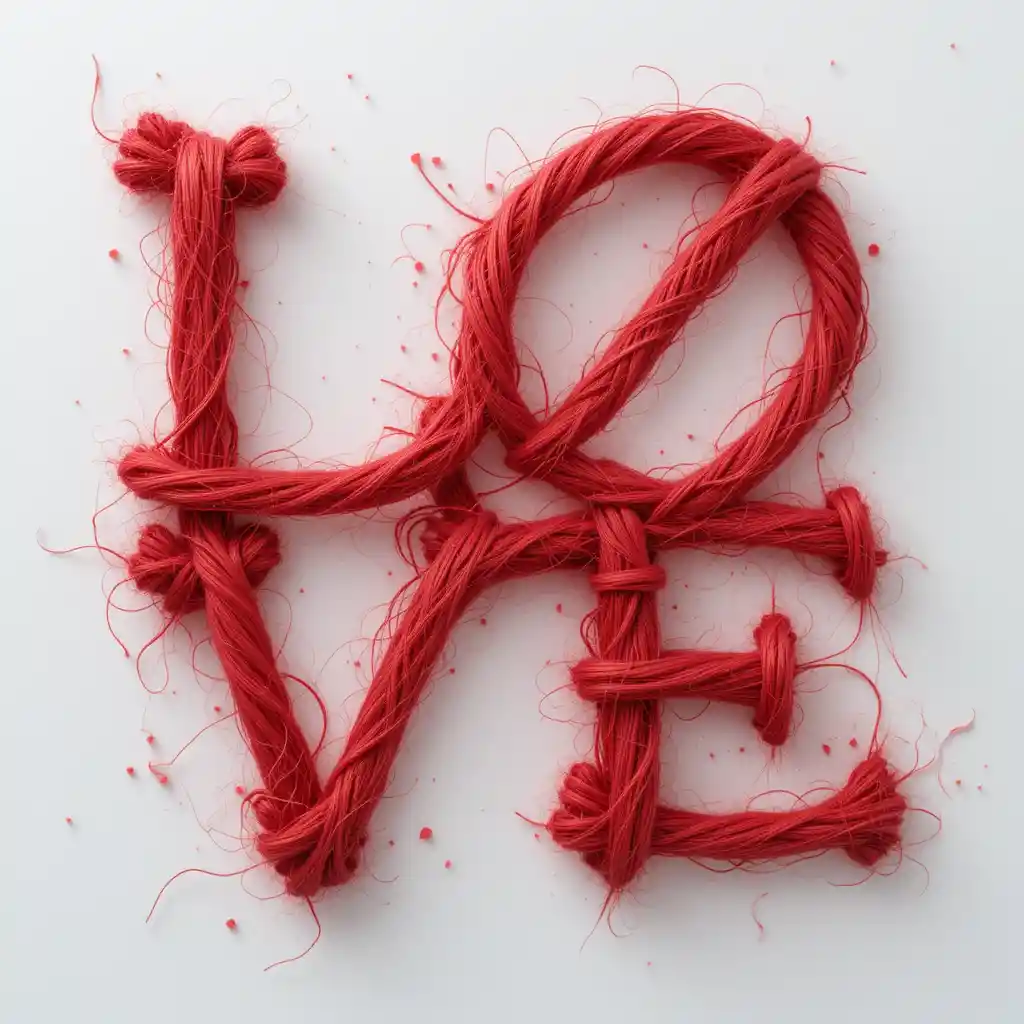 Minimalist red rope love word on white background
