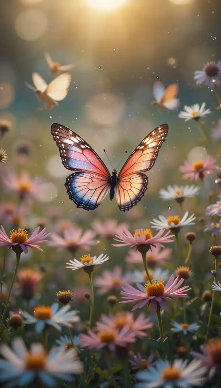 Fotografía en color de una mariposa en un campo de flores silvestres