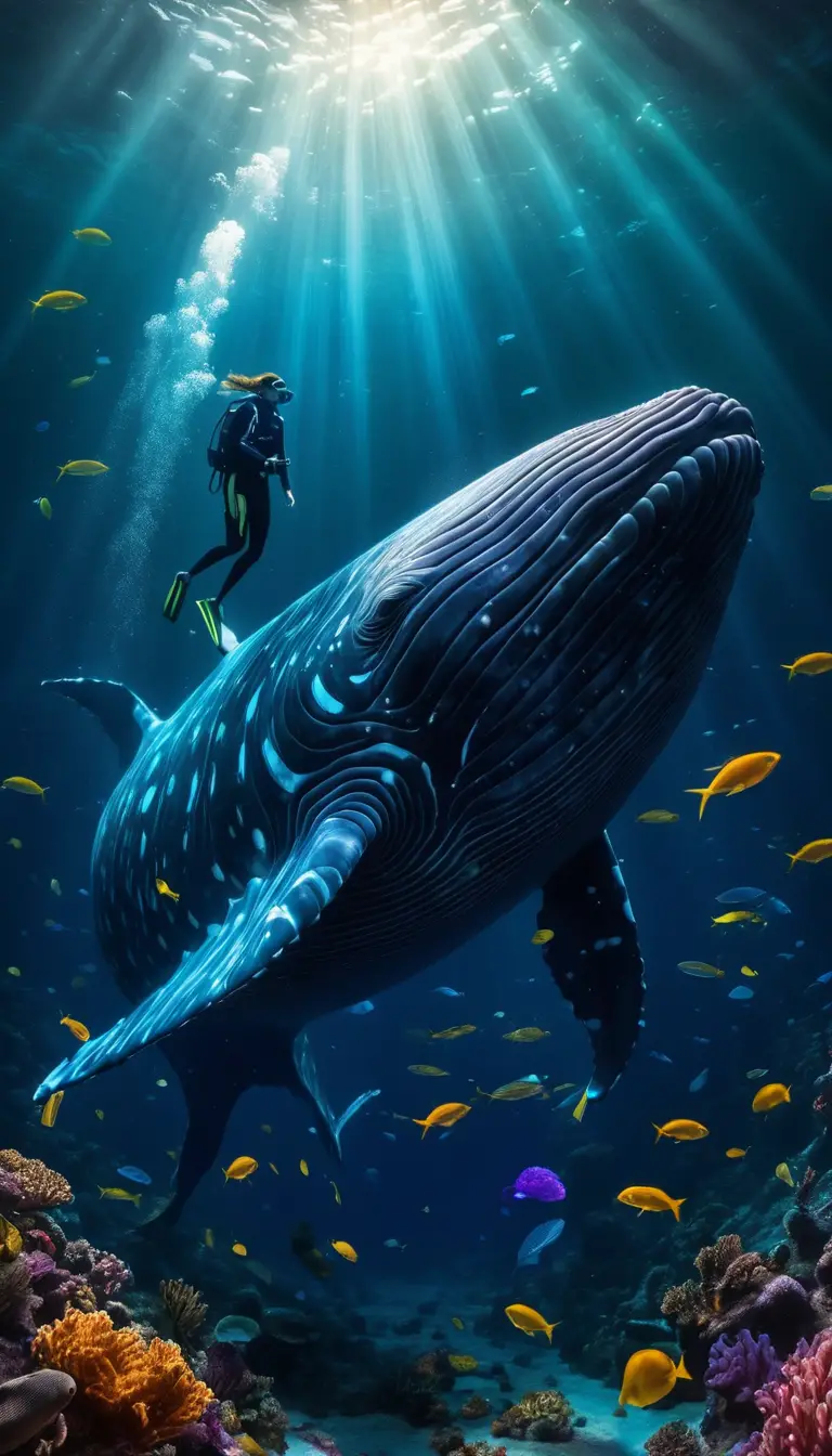 Woman diver swims beside a glowing mystical whale
