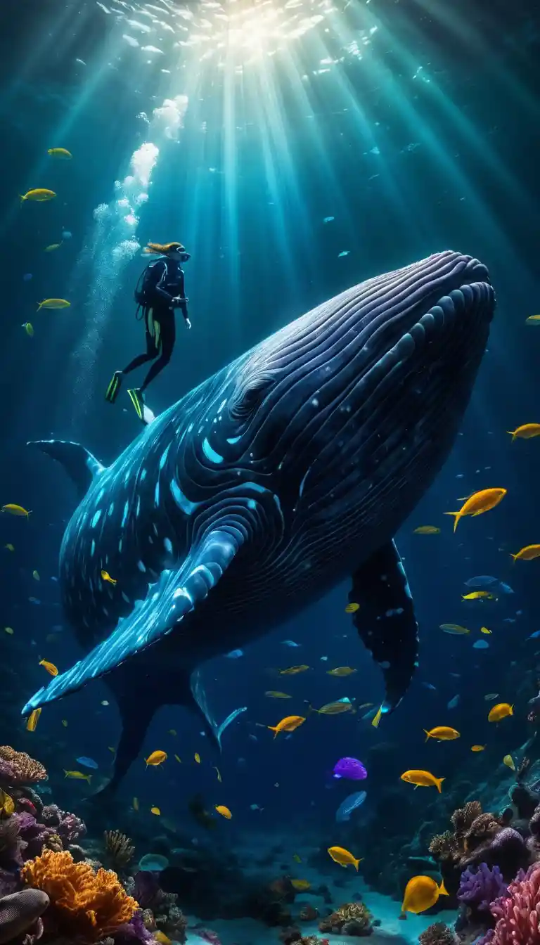 Woman diver swims beside a glowing mystical whale