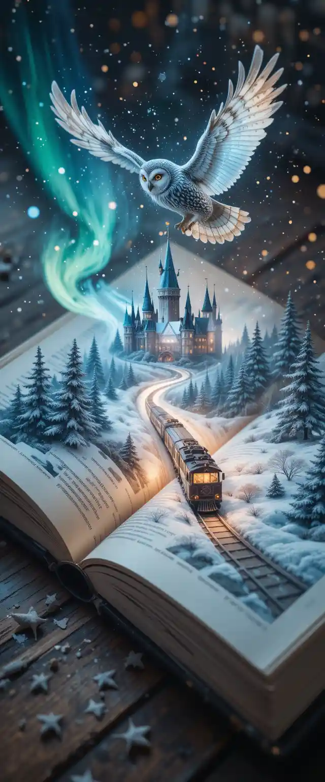 Double exposure open book with magical winter scene