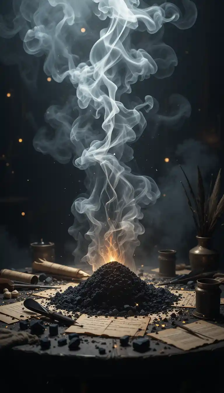 Mystical smoke forming a figure above glowing charcoal