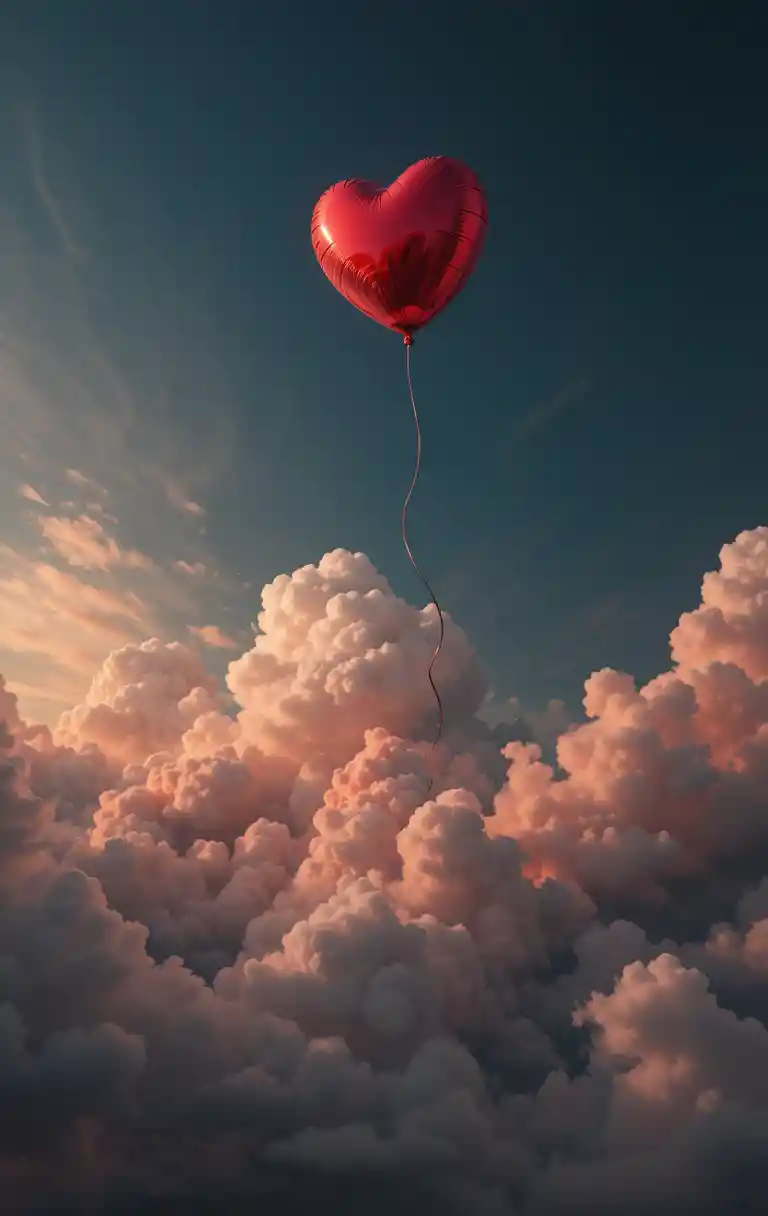 Roter Herzballon schwebt in einen dunklen, wolkigen Himmel