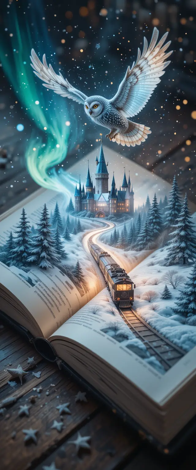 Double exposure open book with magical winter scene