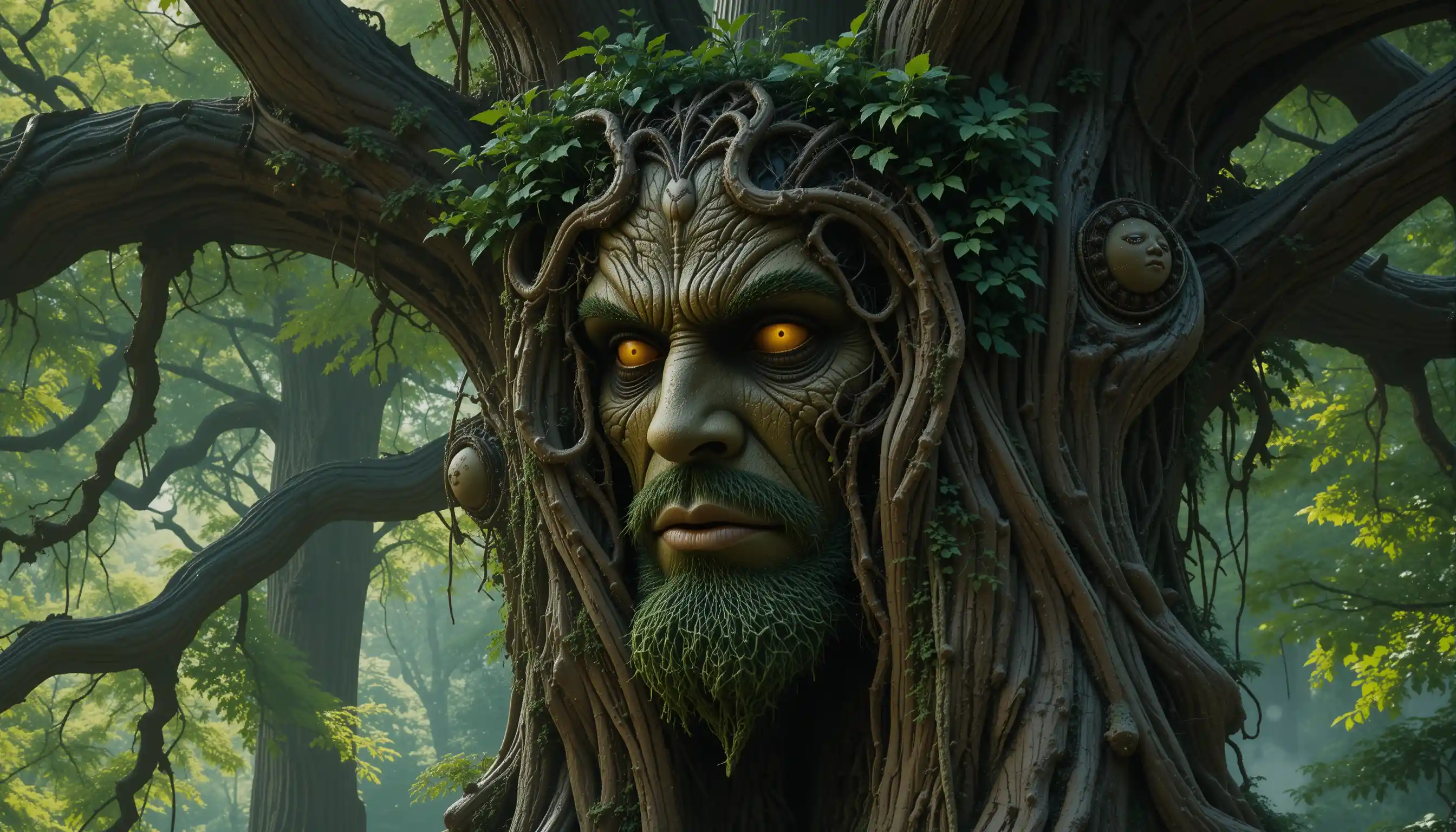 Ancient tree spirit face emerging from a great oak
