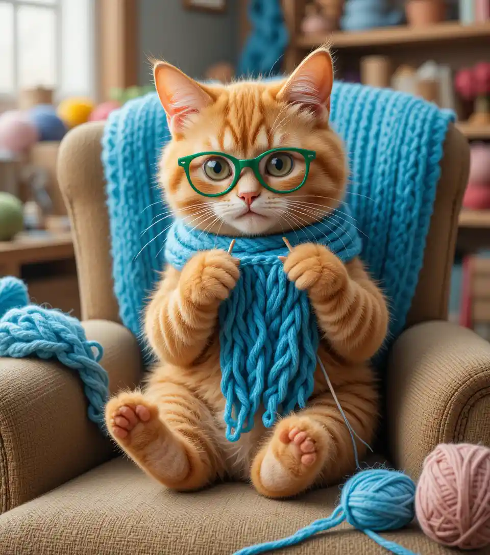 Ginger cat knitting a blue scarf in a cozy armchair