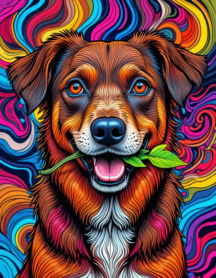 Colorful psychedelic dog portrait with vibrant abstract background