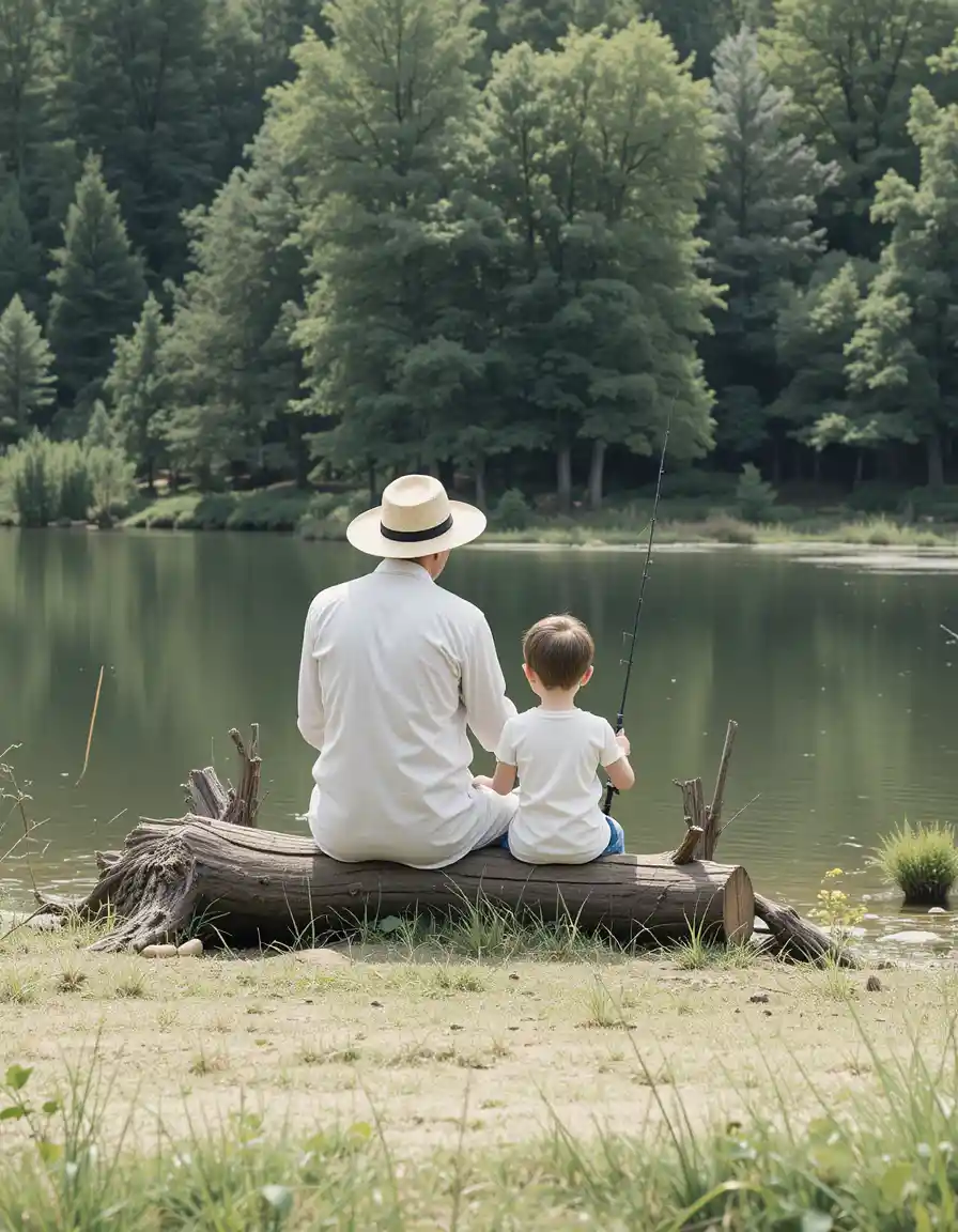 Adult and child fishing together by a tranquil lakeside