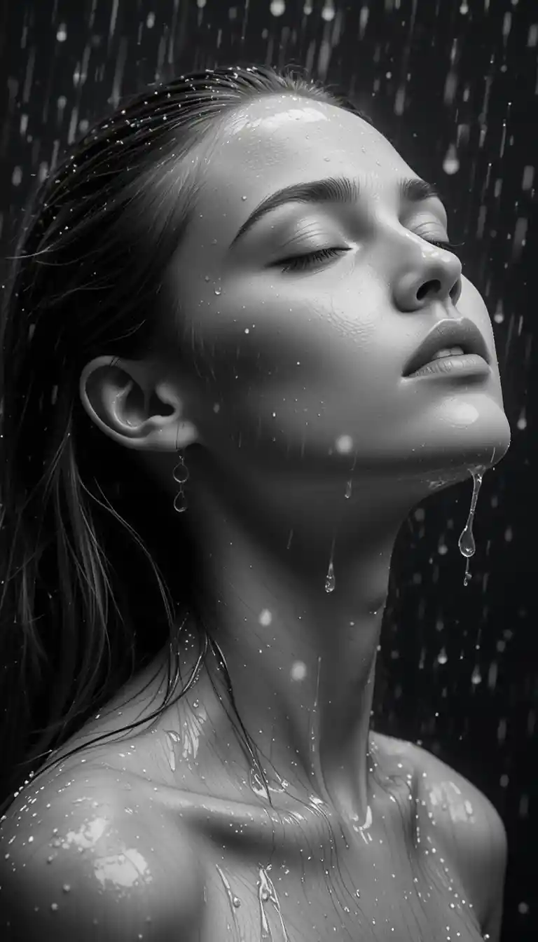 Monochrome portrait of a peaceful woman under falling water