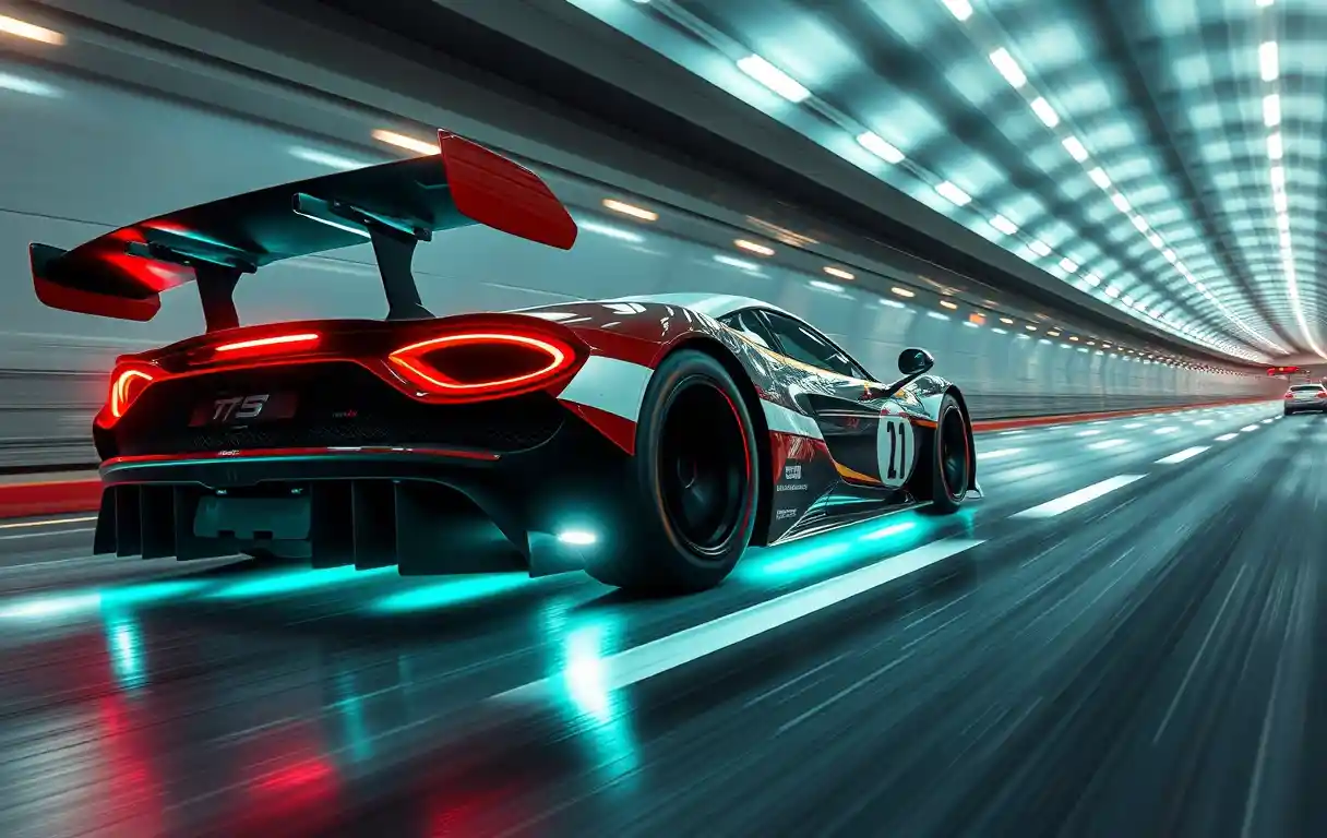 High speed racing car with neon glow in tunnel