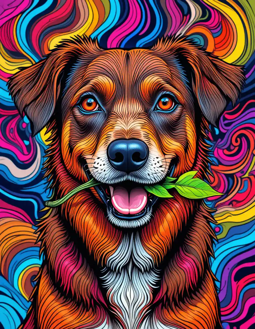Colorful psychedelic dog portrait with vibrant abstract background