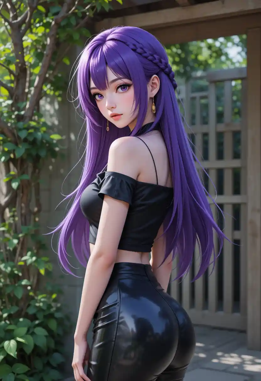 Anime girl with purple hair in a stylish black outfit