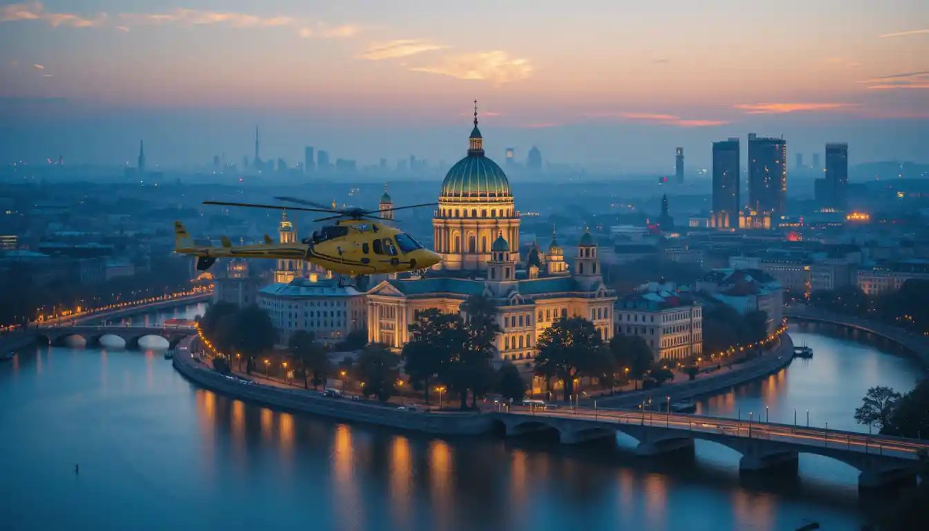 Yellow helicopter flying above Berlin Cathedral at blue hour