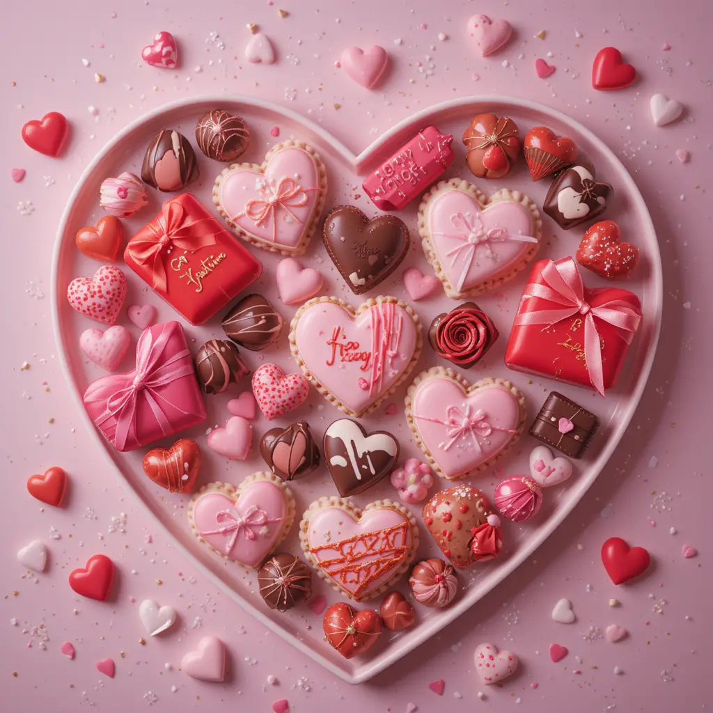 Valentine desserts on heart shaped tray in flat lay