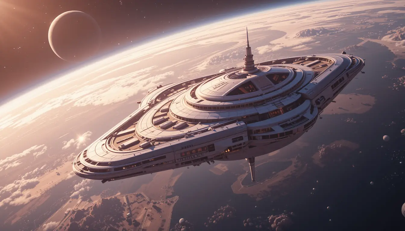 Orbital hotel drifting around Earth in retrofuturism style