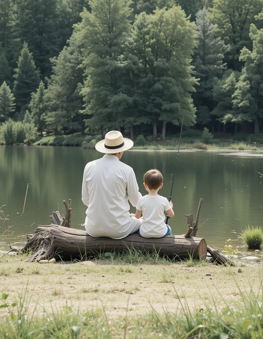 Adult and child fishing together by a tranquil lakeside