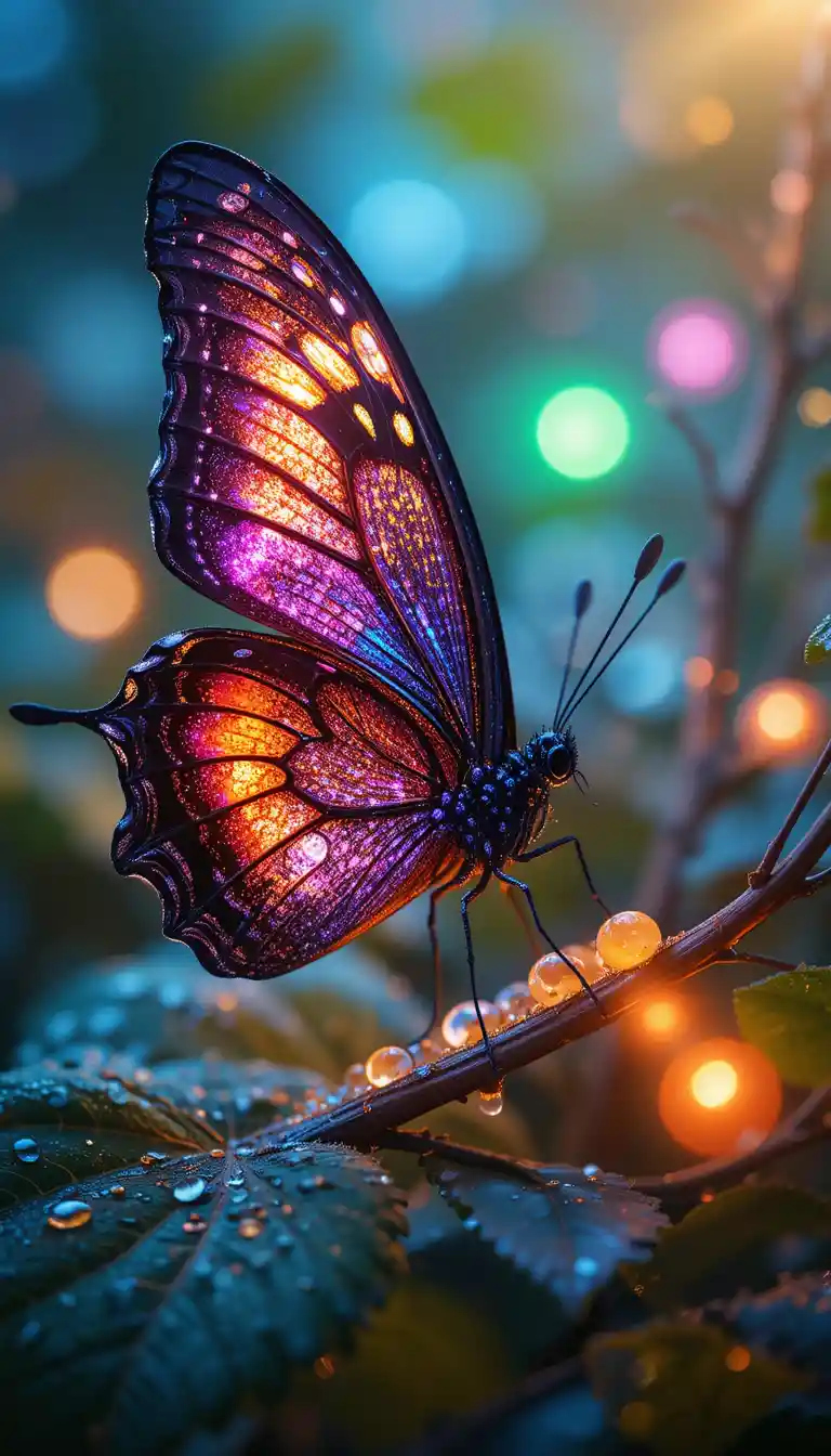 Macro butterfly with water droplets on green leaf