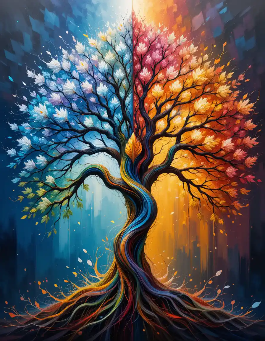 Vibrant abstract tree of life with four seasonal quadrants
