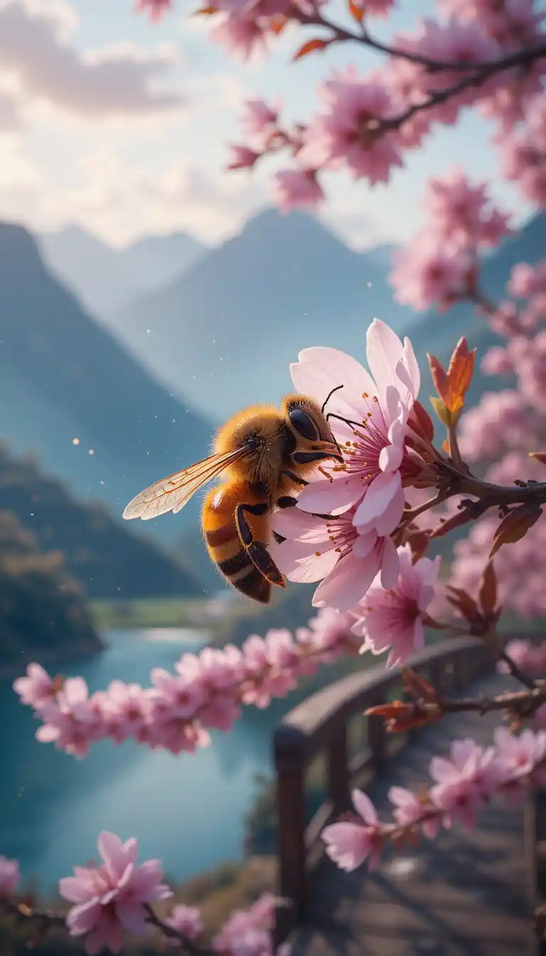 Honigbiene auf Kirschblüte mit fernem Bergpanorama
