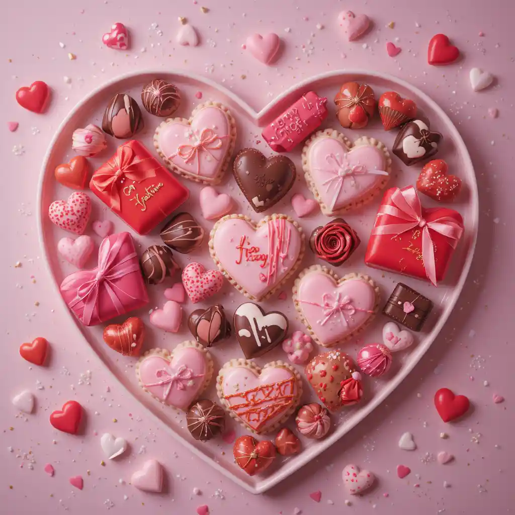 Valentinsdesserts auf herzförmigem Tablett in Flatlay-Ansicht