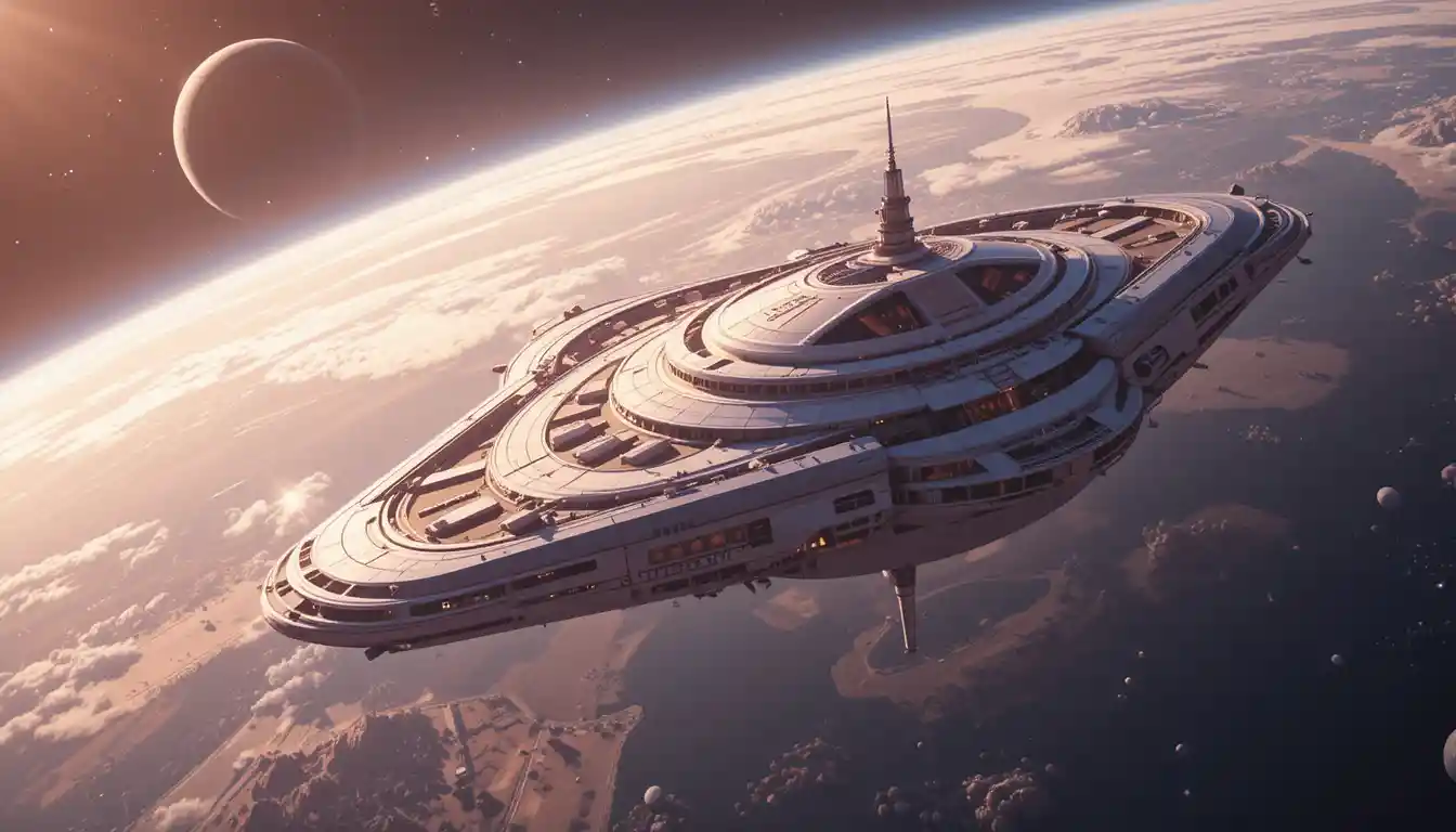 Orbitalhotel, das im Retrofuturismus-Stil um die Erde treibt