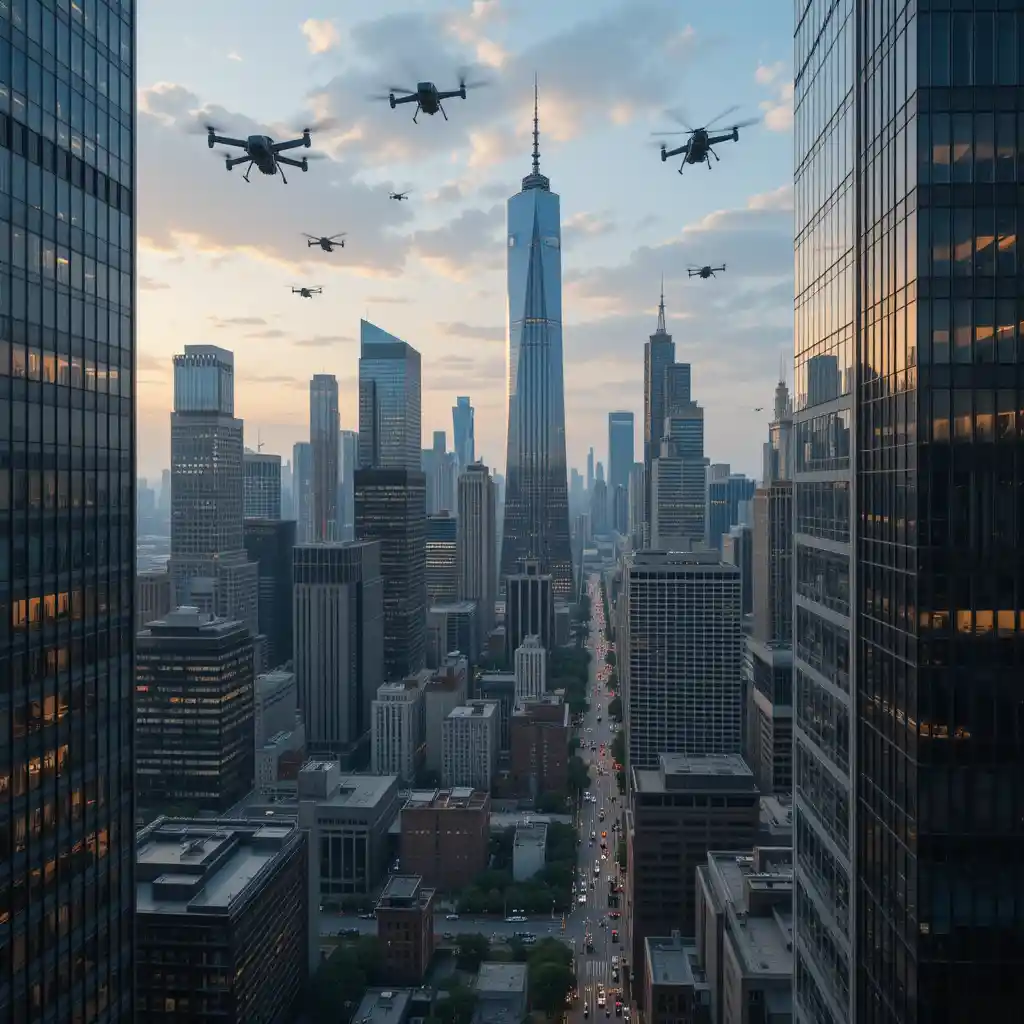 Drones Voando ao Redor de Arranha-céus de uma Cidade Moderna ao Pôr do Sol