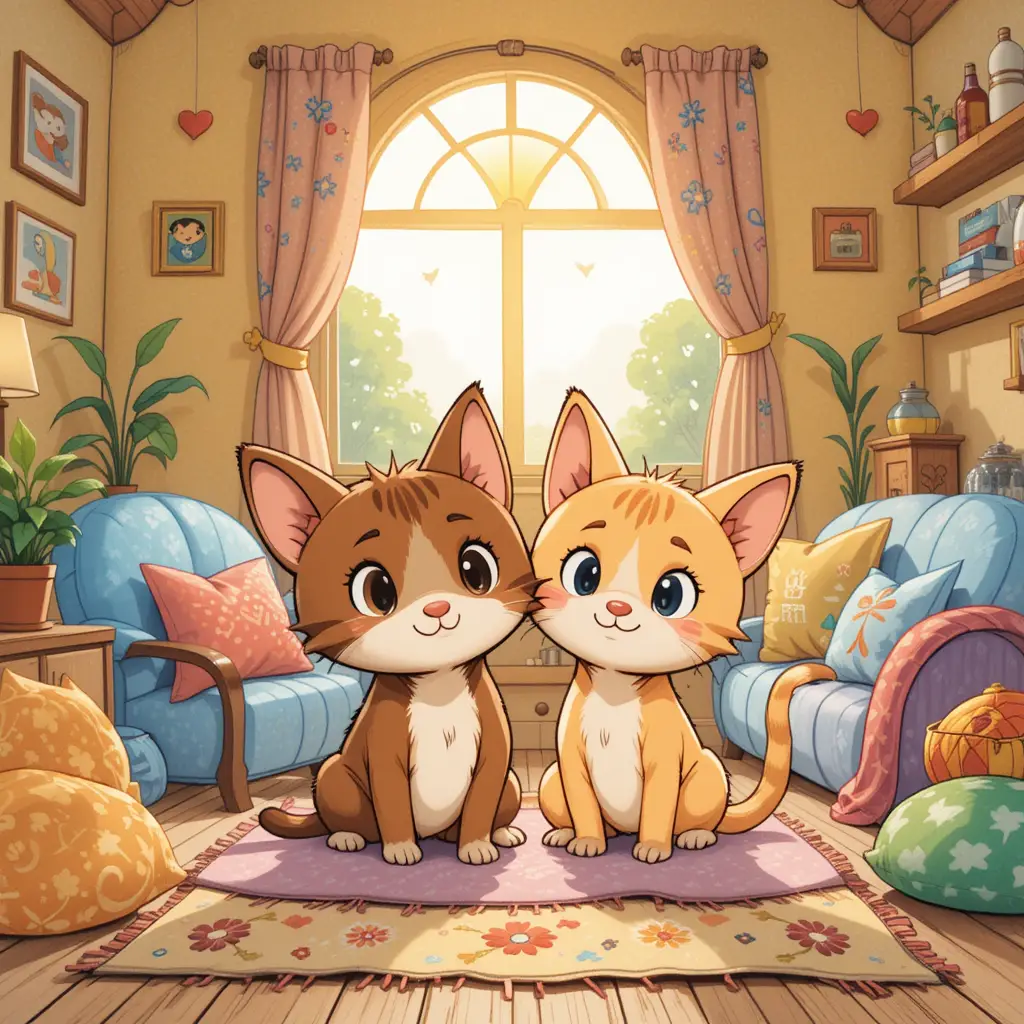 Cute dog and cat in a cozy children illustration