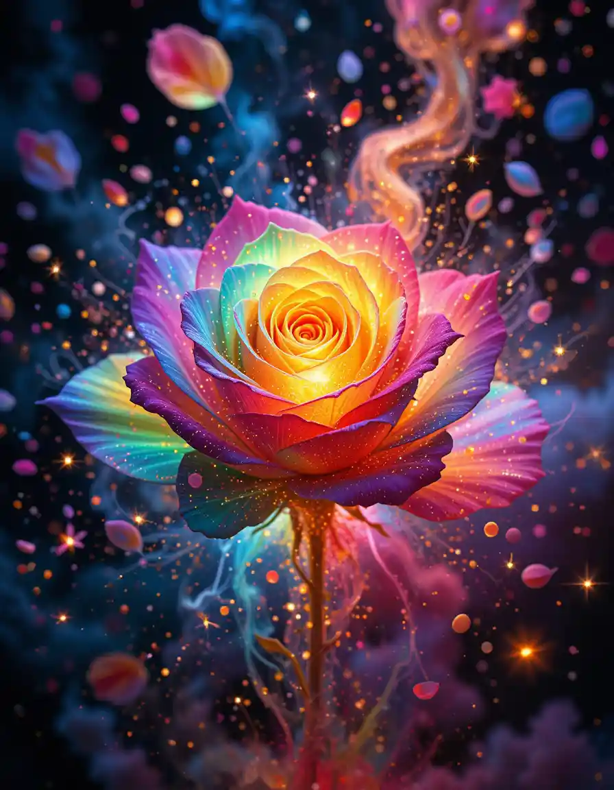 Rainbow rose exploding into swirling magical petals and light