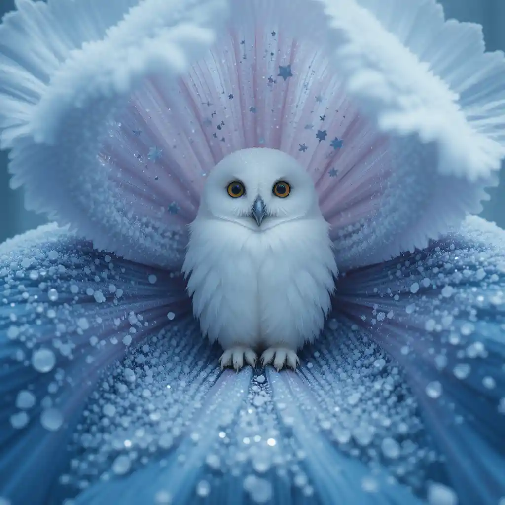 Macro iris flower with surreal winter owl scene